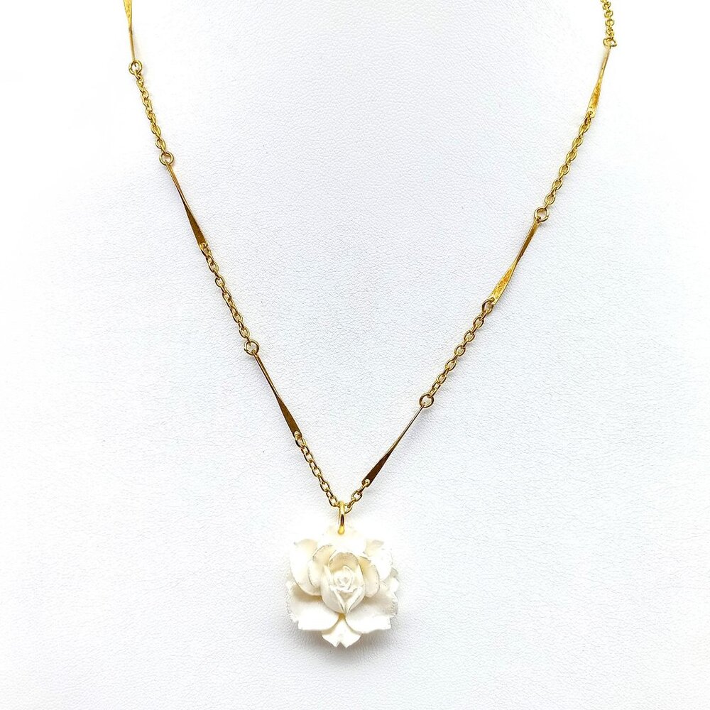 Vintage Carved Celluloid Pendant on Gold Tone Chain Necklace White Floral Pendan
